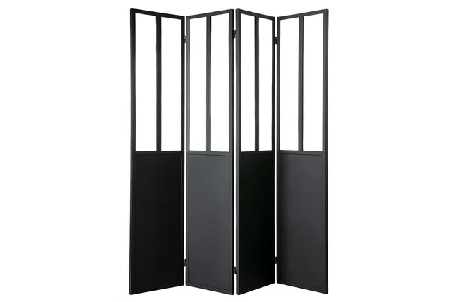 Paravent 4 Flügel aus Metall Schwarz und Glas RACK
