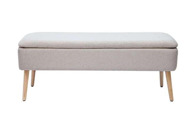 Polsterbank aus beigem Textur-Veloursstoff und massivem hellen Holz L120 cm LARS