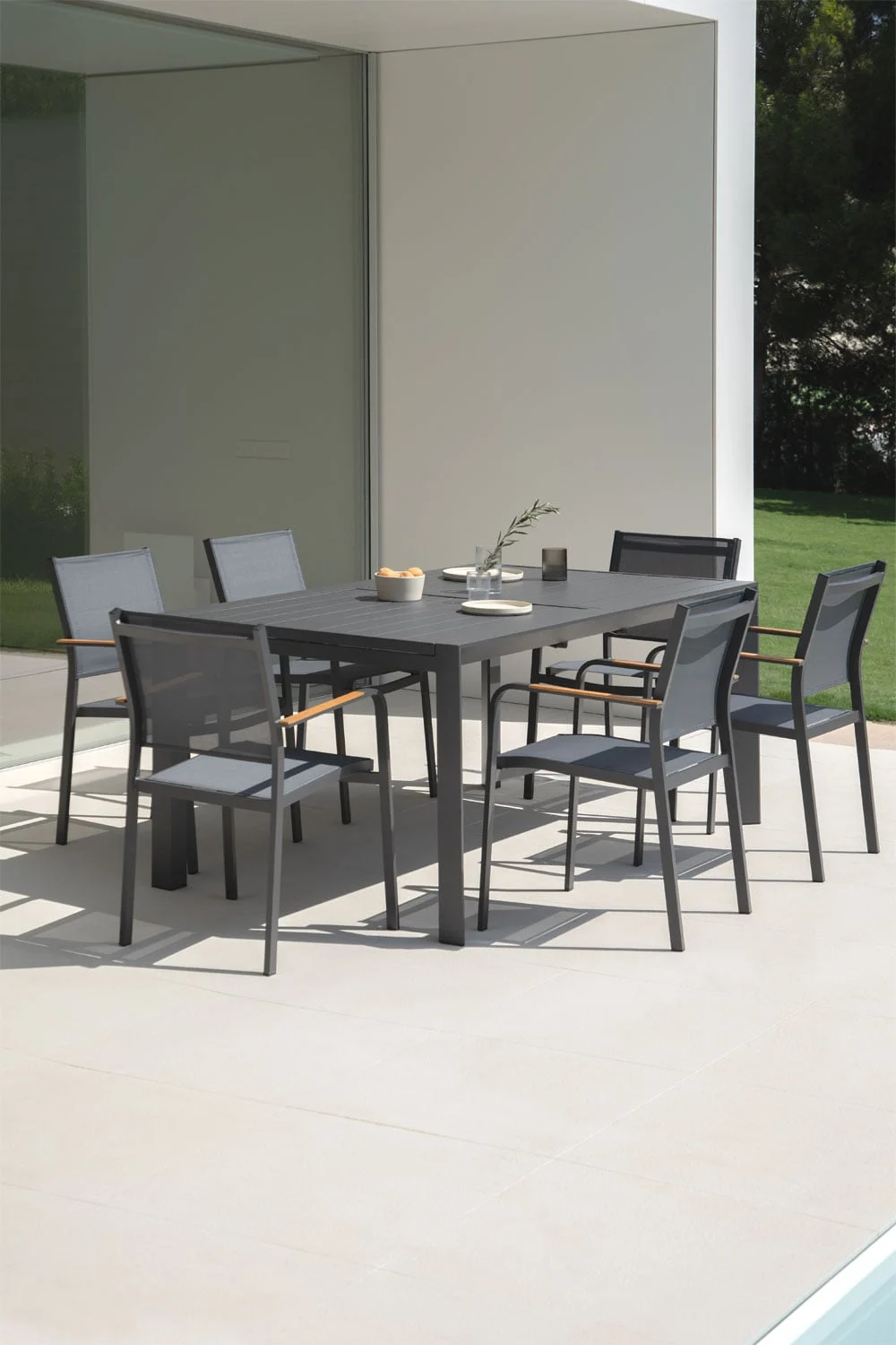 Starmi ausziehbarer Esstisch 180x240-100 cm und 6 stapelbare Gartenstühle aus Aluminium Archer