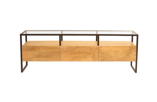 Rechteckiges TV-Möbel mit Ablagefächern aus massivem Mangoholz, Glas und schwarzem Metall B150 cm DIYA