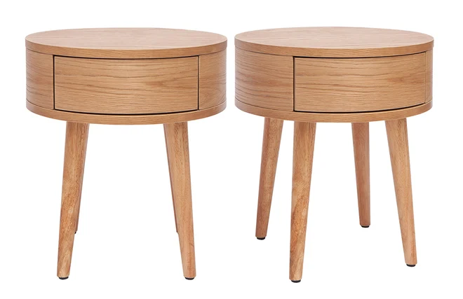 Runde Nachttische aus hellem Holz mit Schublade (2er-Set) JUDITH
