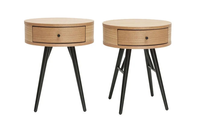 Runde Nachttische mit Schublade aus hellem Holz und schwarzem Metall (2er-Set) KORAL