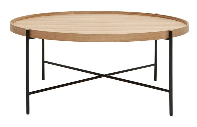 Runder Couchtisch aus hellem Holz und schwarzem Metall D90 cm BASSY