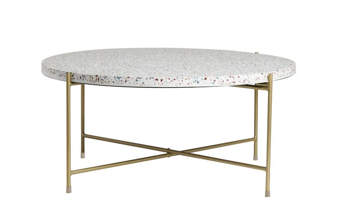 Runder Couchtisch aus Terrazzo und goldfarbenes Metall D81 cm MEZZO