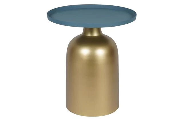 Runder Design-Beistelltisch aus Metall goldfarben mit matter petrolblauer Tischplatte RAMSES