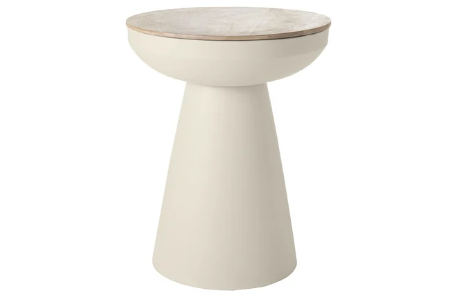 Runder Design-Beistelltisch mit Ablage aus hellbeigem Metall und massivem Mangoholz H52 cm TAM