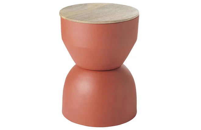 Runder Design-Beistelltisch mit Ablage aus rotbraunem Metall und massivem Mangoholz D30 cm YOYO