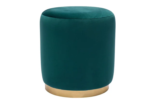 Runder Samt-Pouf in petrolblau und goldfarbenem Metall D40 cm AMAYA