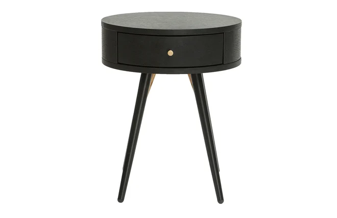 Runder Vintage-Nachttisch aus Holz, schwarzem Metall und goldfarbenen Details KORAL