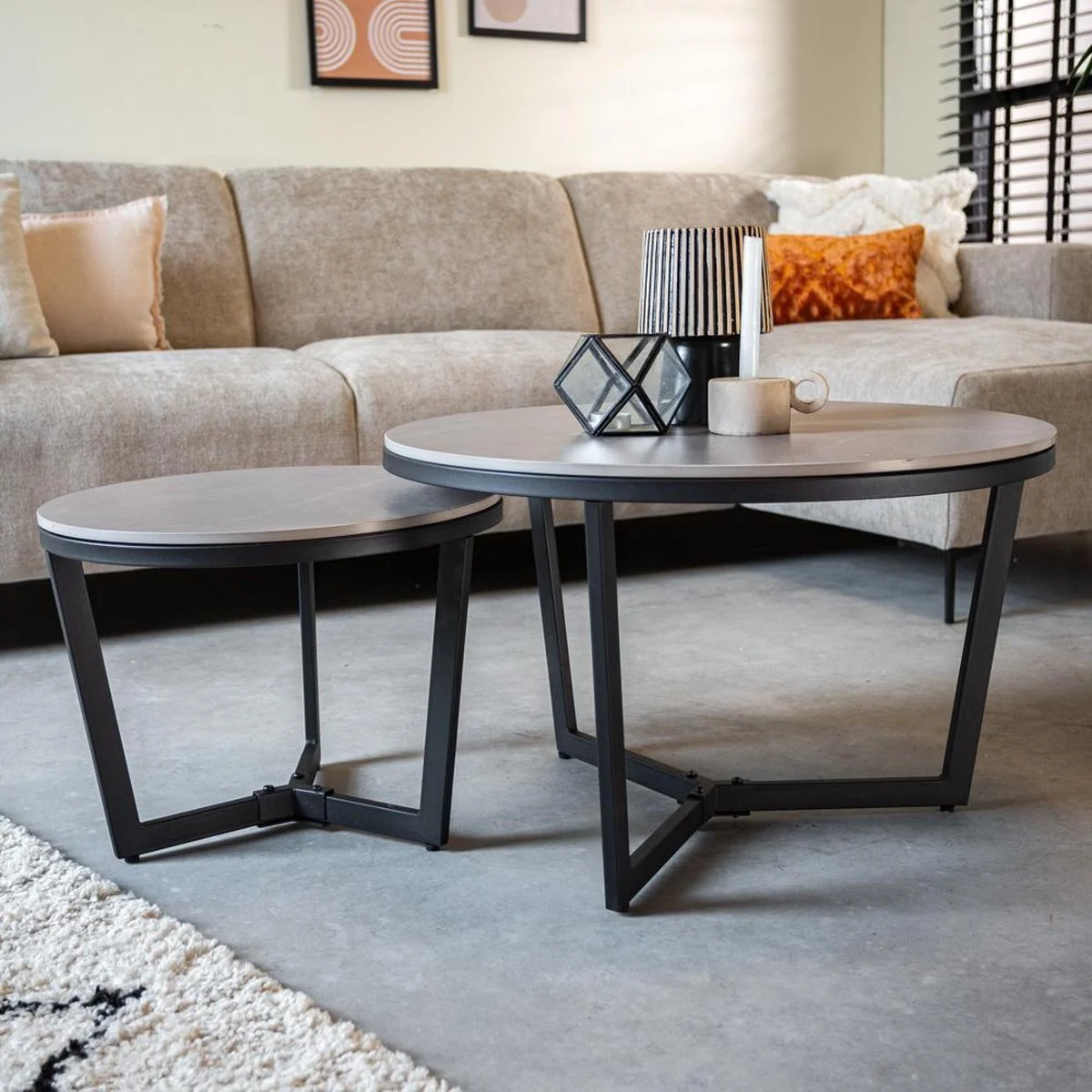 Couchtisch 2er-Set Brady Round Marble Look Grey