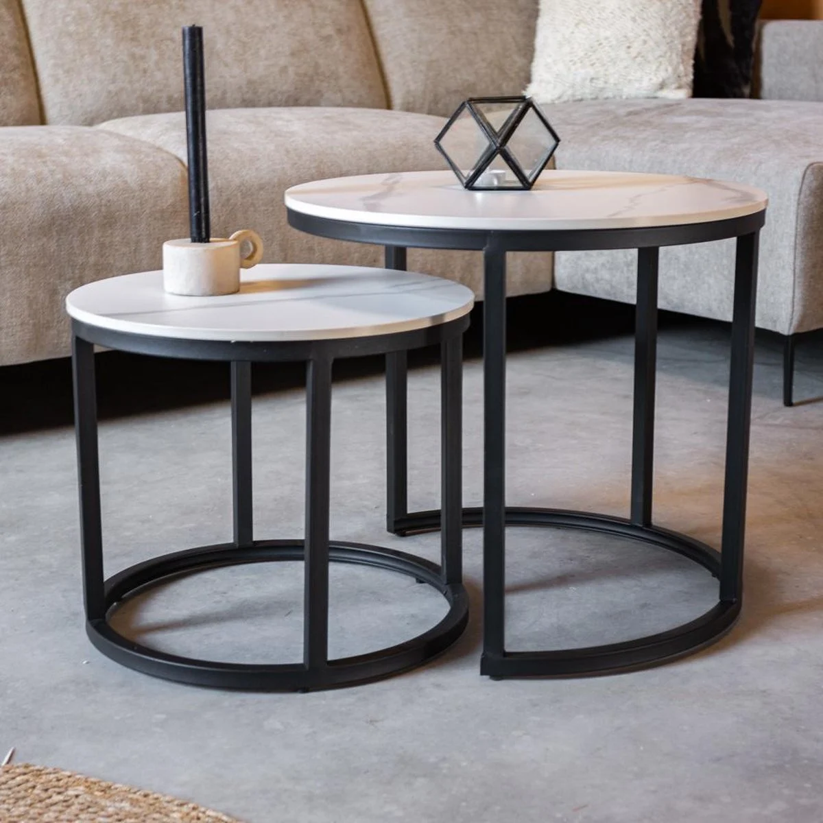 Rund Couchtisch 2er-Set Sinterstein Marmoroptik Paige White