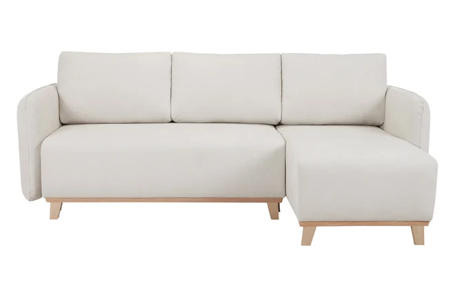 Schlaf-Ecksofa modulierbar beiger Stoff mit Velours-Effekt und helles Holz 3-4 Sitzer ROMANE