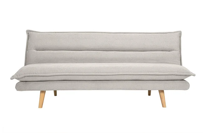 Schlafsofa für 3 Personen in beige strukturiertem Samt-Effekt-Stoff und hellem Holz BINGO