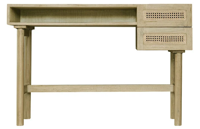 Schreibtisch aus hellem Holz mit Fach und Schubladen aus Rattangeflecht L120 cm GALINA.