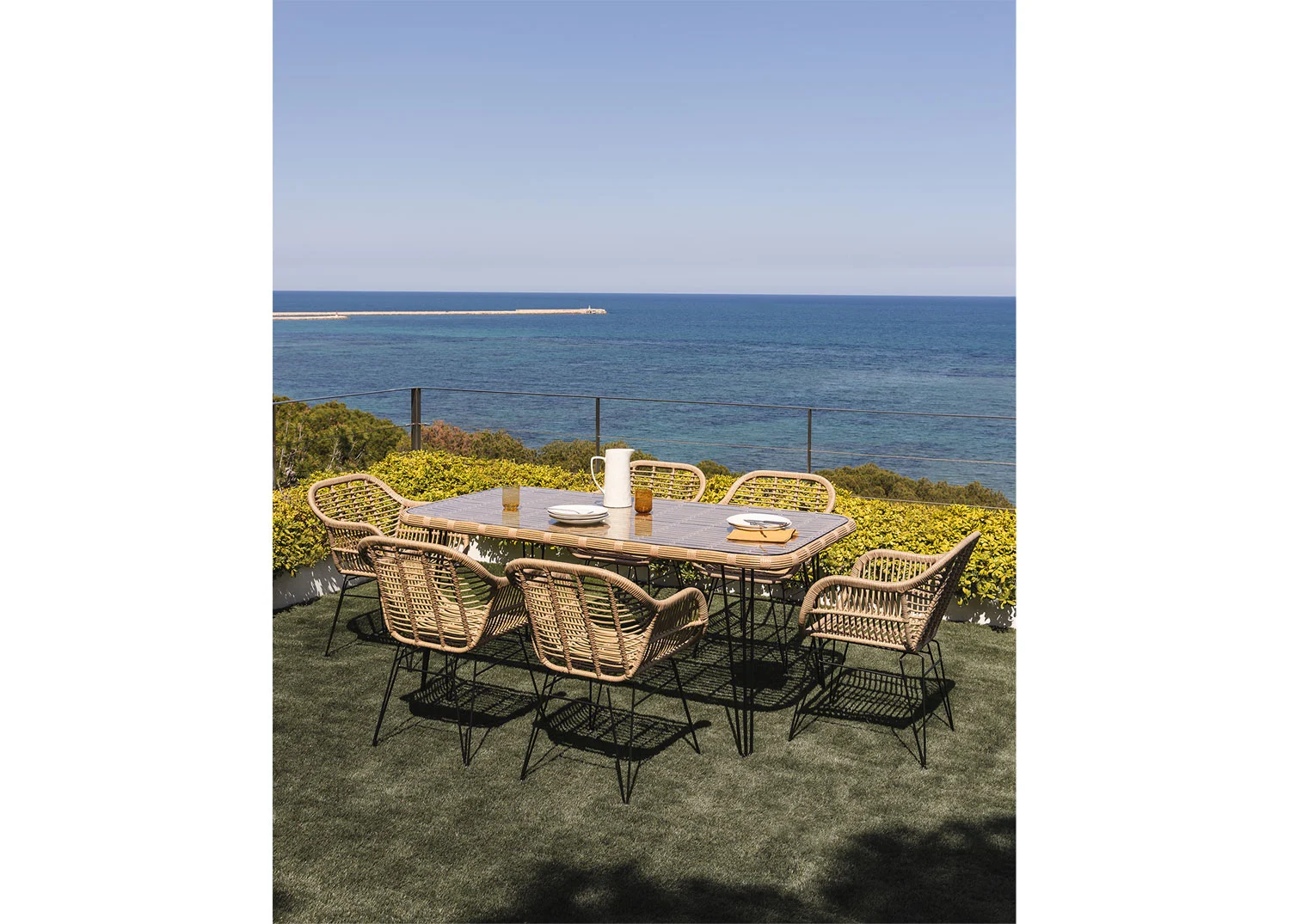 Set aus rechteckigem Tisch 180x90 cm Leribert und 6 Gartenstühlen aus synthetischem Rattan Zole