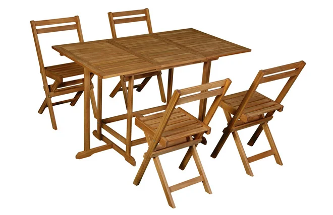 Set mit einem ausziehbaren Tisch mit Stauraum und 4 Klappstühlen aus Massivholz CARMEN