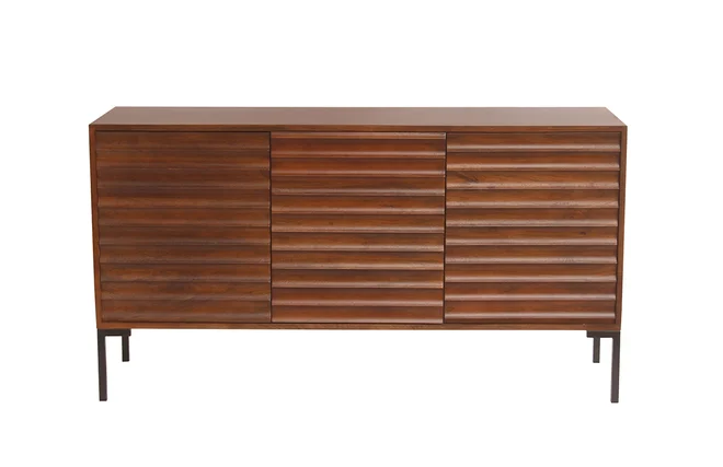 Sideboard aus dunklem, massivem Mangoholz und schwarzem Metall 3 Türen B140 cm ONDA