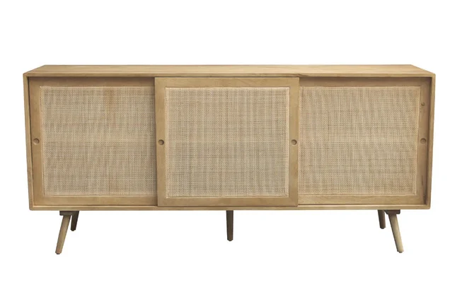 Sideboard aus massivem Mangoholz und Rattangeflecht 3 Schiebetüren B180 cm ACANGE