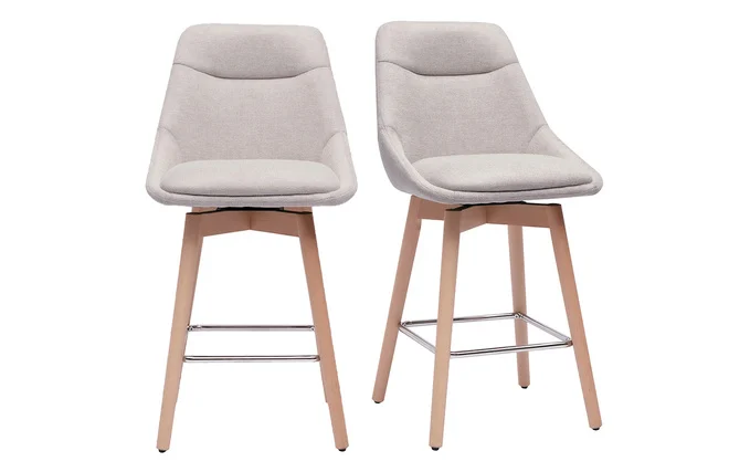 Skandinavische Barhocker, 360° drehbar, aus strukturiertem Samt-Effekt Stoff in Beige und hellem Holz H65 cm (2er-Set) ALESS