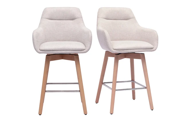 Skandinavische Barhocker 360° drehbar in Textur-Beige Samteffekt Stoff und helles Holz H65 cm (2er Set) ALESS