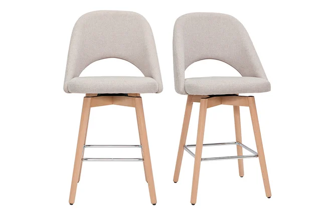 Skandinavische Barhocker aus beigem Stoff mit Samteffekt und massivem Hevea H65 cm (2er-Set) COSETTE