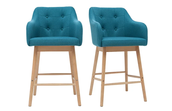 Skandinavische Barhocker aus entenblauem Stoff und Holz H65 cm (2er-Satz) BALTIK