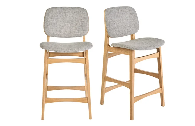Skandinavische Barhocker aus hellem Holz, Esche und hellgrauem Stoff H66 cm (2er-Set) SOQUETTE