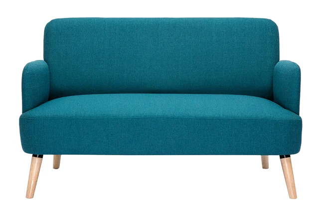 Skandinavisches 2-Sitzer-Sofa aus entenblauem Stoff und hellem Holz ISKO