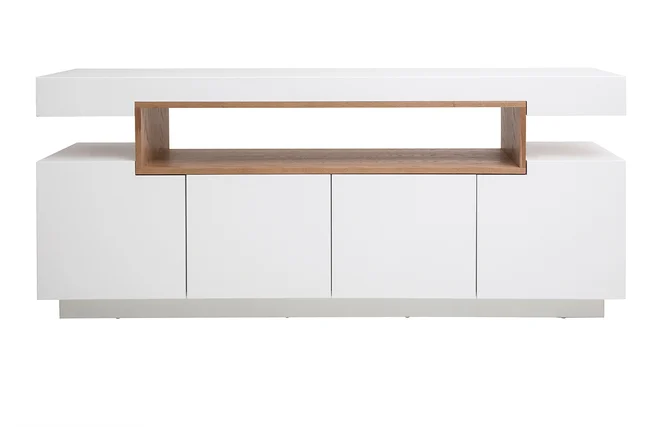 Skandinavisches Sideboard in glänzendem Weiß und Holz mit 4 Türen L180 cm LIVO