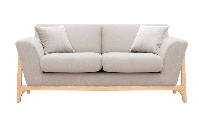 Skandinavisches Sofa aus beigem Stoff mit Samteffekt und Eschenholz 2-Sitzer ASAKO