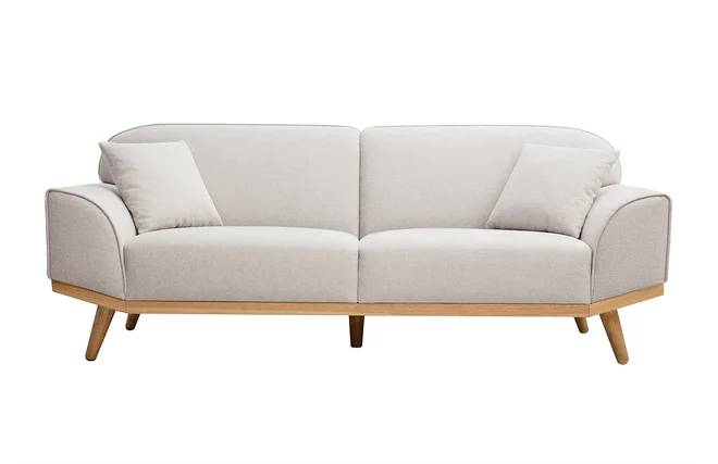 Skandinavisches Sofa aus beigem Stoff mit Samteffekt und hellem Holz 3-Sitzer FREEMA