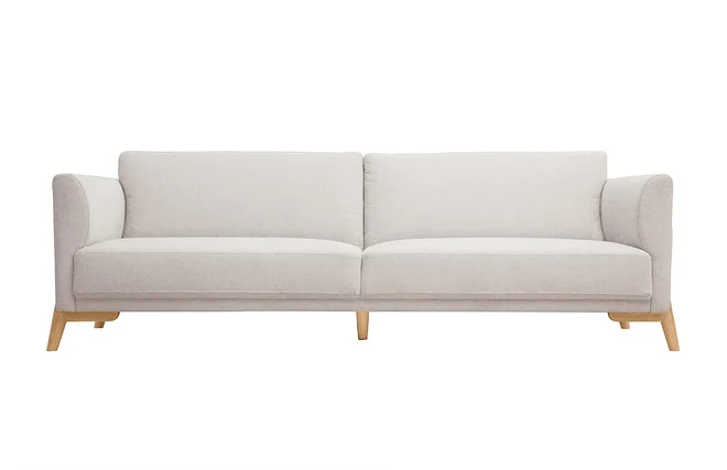 Skandinavisches Sofa aus beigem Stoff mit Samteffekt und hellem Holz 4-Sitzer SINDRO