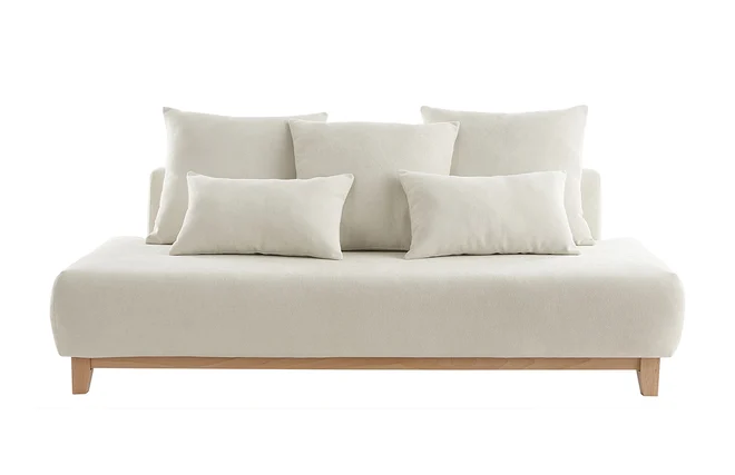 Sofa aus beigem Stoff mit Samteffekt und hellem Holz 3-Sitzer B200 cm ODEON