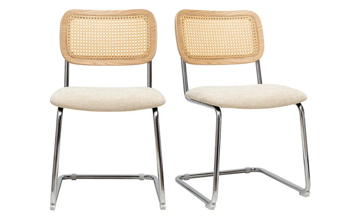 Stoffbezogene Designstühle in texturiertem Beige-Samt-Effekt, verchromtes Metall und Rattan-Geflecht (2er Set) ELECTRA