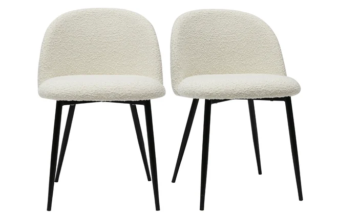 Stühle aus Stoff mit Bouclé-Wolleffekt in Ecru und schwarzem Metall (2er-Set) CELESTE