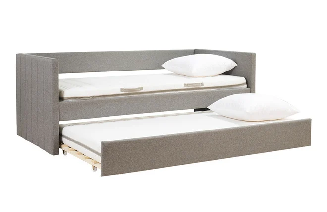 Tagesbett mit Ausziehbett hellgrauer Stoff 90x195 cm ELIE