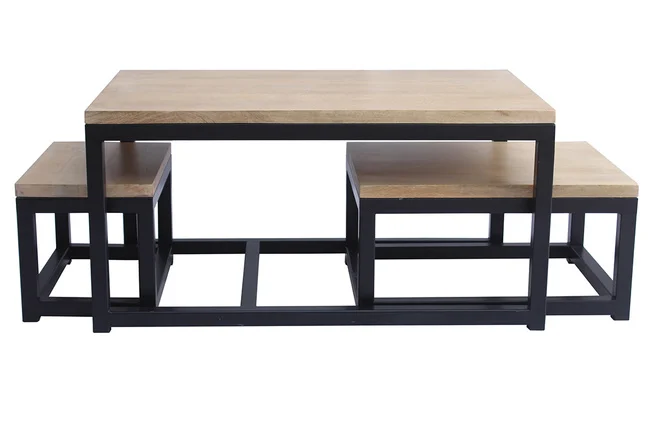 Tiefer Beistelltisch Mangobaum und Schwarzmetall (3er Set) FACTORY