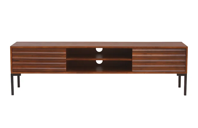 TV-Möbel aus dunklem, massivem Mangoholz und schwarzem Metall 2 Türen B160 cm ONDA