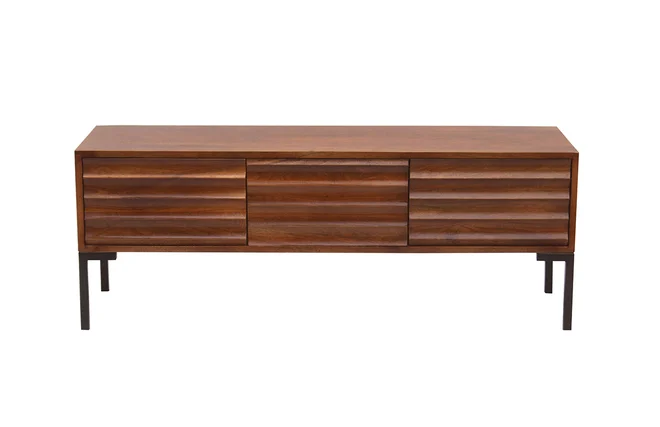 TV-Möbel aus dunklem, massivem Mangoholz und schwarzem Metall 3 Türen B120 cm ONDA