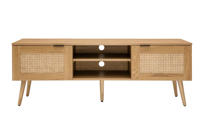 TV-Möbel aus hellem Holz, Rattangeflecht und schwarzem Metall L140cm MANILLE