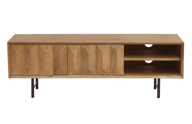 TV-Möbel aus hellem massivem Mangoholz mit Relief und schwarzem Metall B120 cm AGRA