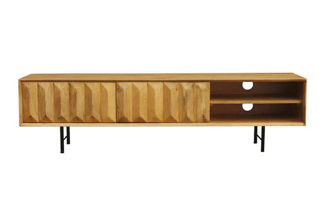 TV-Möbel aus hellem massivem Mangoholz mit Relief und schwarzem Metall B160 cm AGRA