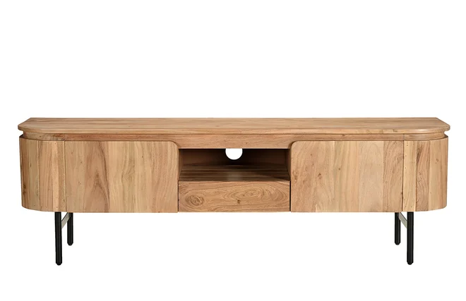 TV-Möbel mit Ablagefächern aus Massivholz und schwarzem Metall B160 cm NAPOLI