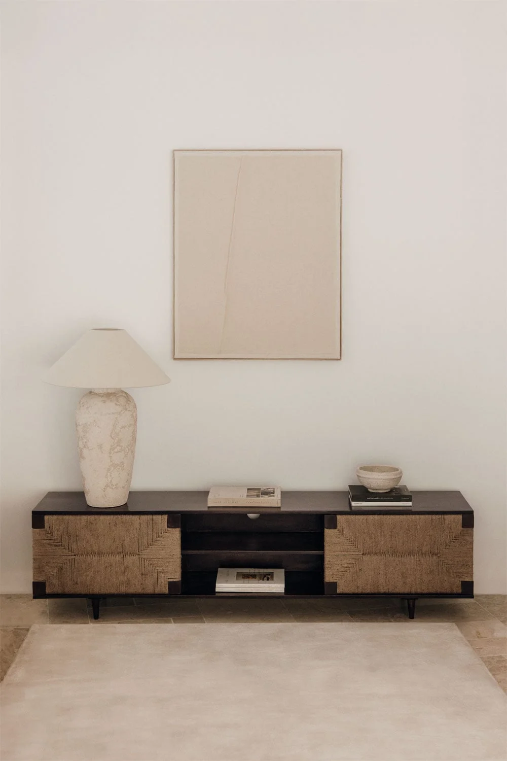 TV-Möbel 200x40 cm aus Mangoholz und Jute Evans