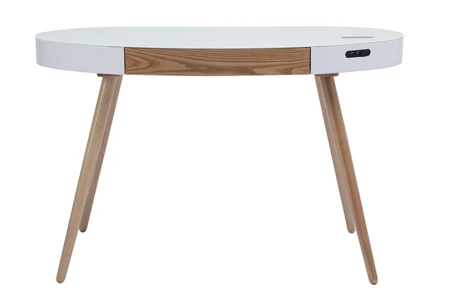 Vernetzter Multimedia-Schreibtisch aus weißem Glas und hellem Holz L120 cm HANDY