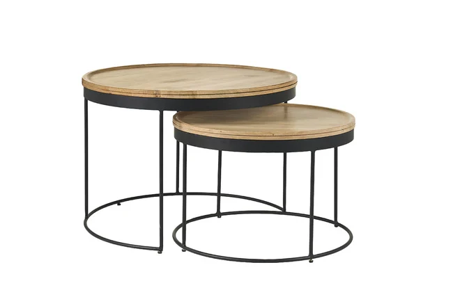 Verschachtelungs-Couchtische aus massivem Mangoholz und Metall LEDGE