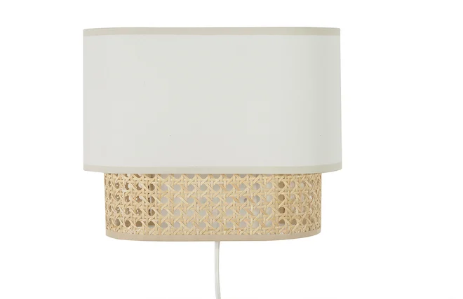Wandleuchte aus weißem Stoff und natürlichem Rattan-Rohrgeflecht H20 cm TIWY