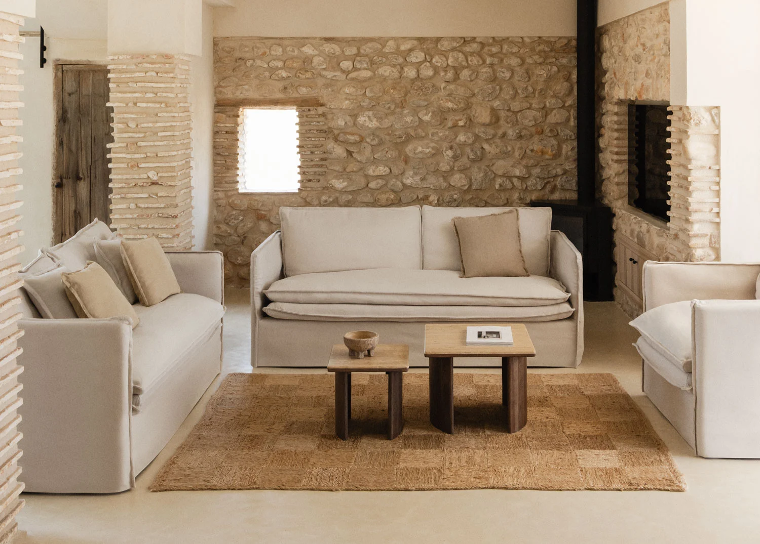Wohnzimmerset mit 2-Sitzer-Sofa, 3-Sitzer-Sofa und Sessel aus Leinen und Baumwolle Grace