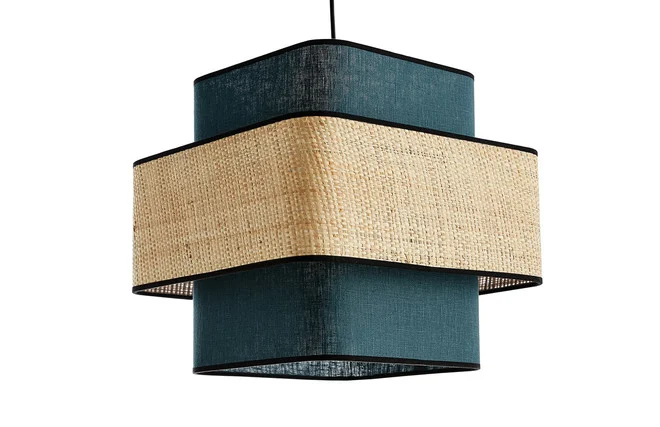Würfelförmige Pendelleuchte aus entenblauem Leinen und naturfarbenem Bast L35 cm TERA